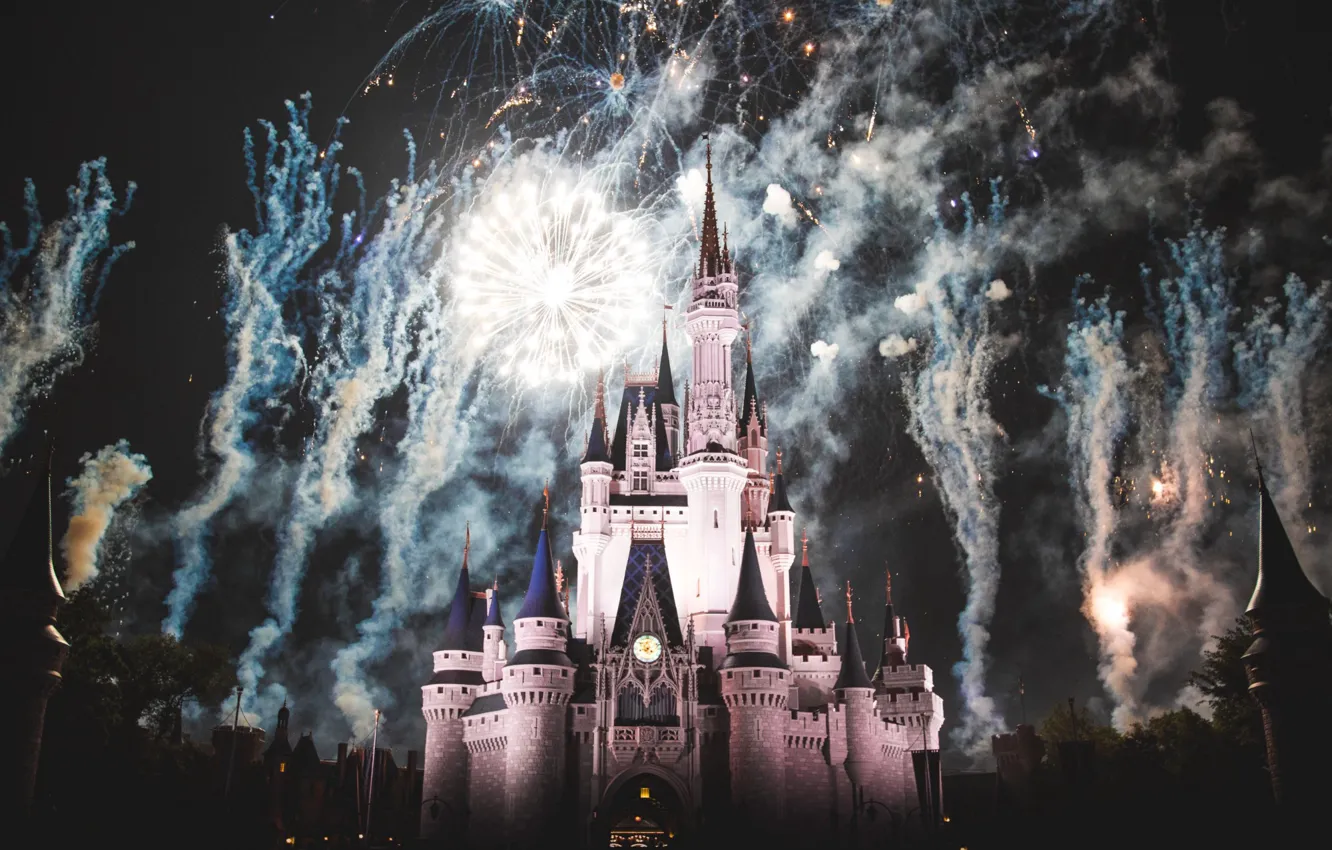 Photo wallpaper castle, France, Paris, Night, fireworks, Paris, Disneyland, France