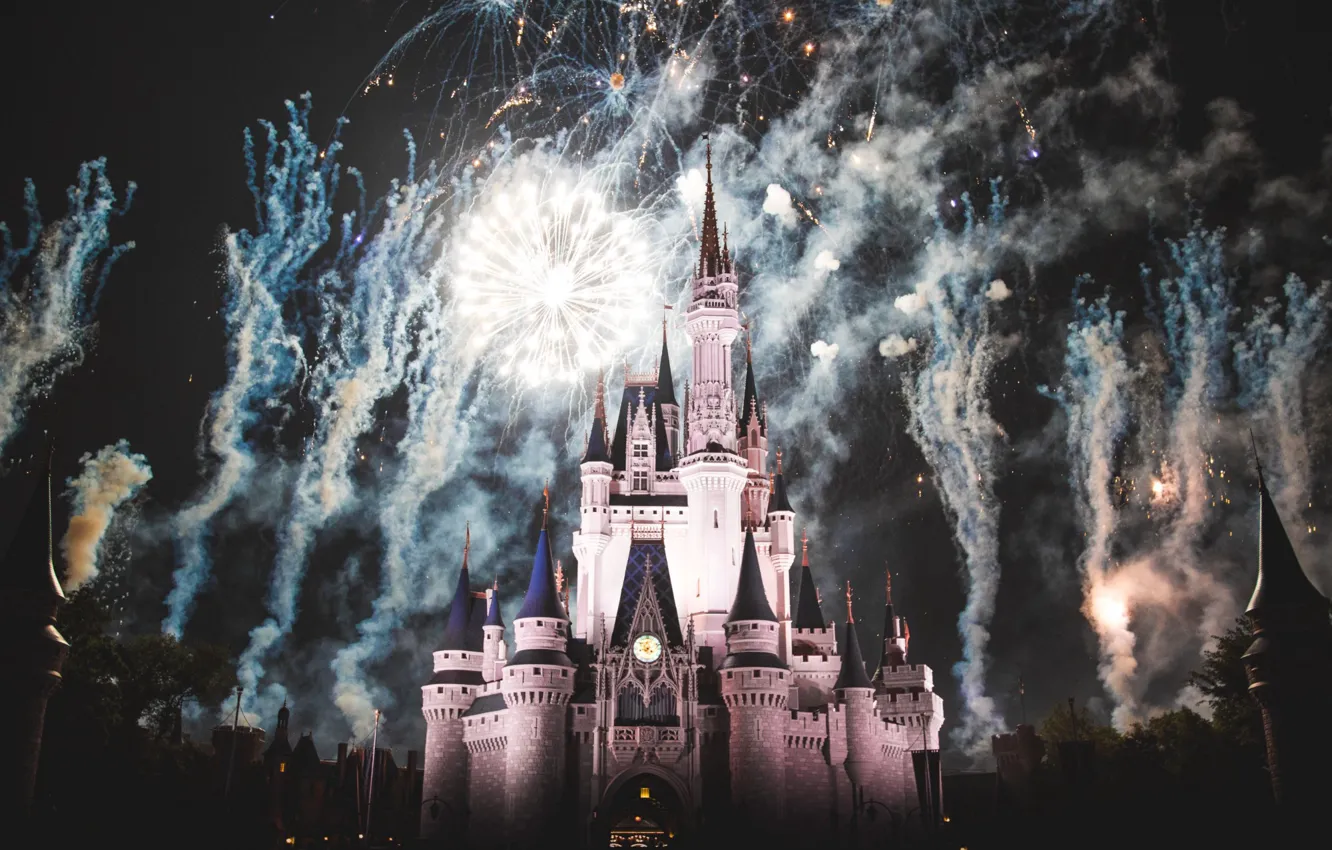 Photo wallpaper night, castle, France, Paris, fireworks, Paris, Disneyland, France