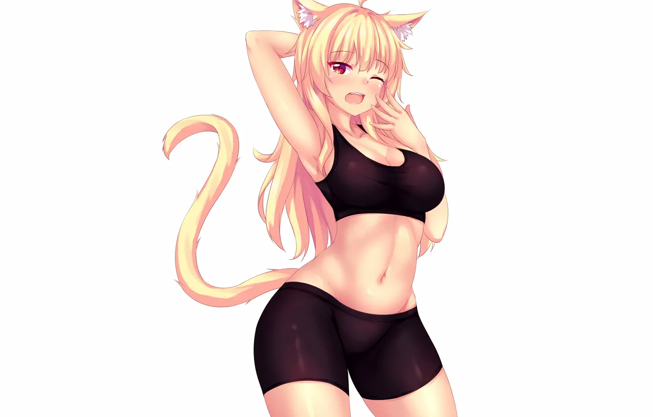 Photo wallpaper girl, sexy, cleavage, shorts, long hair, boobs, animal ears, anime