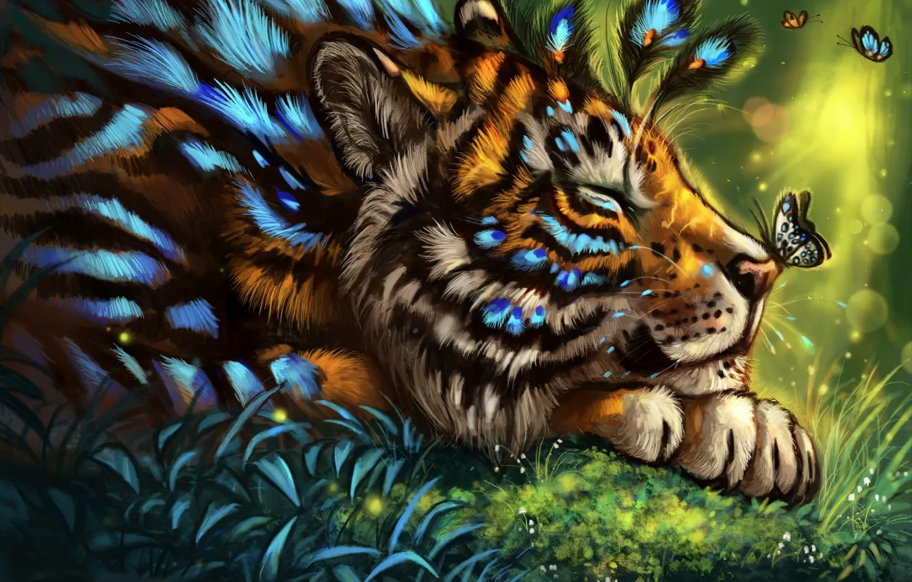 Photo wallpaper grass, Tiger, Butterfly, Face, Art, Closeup, Magical animals