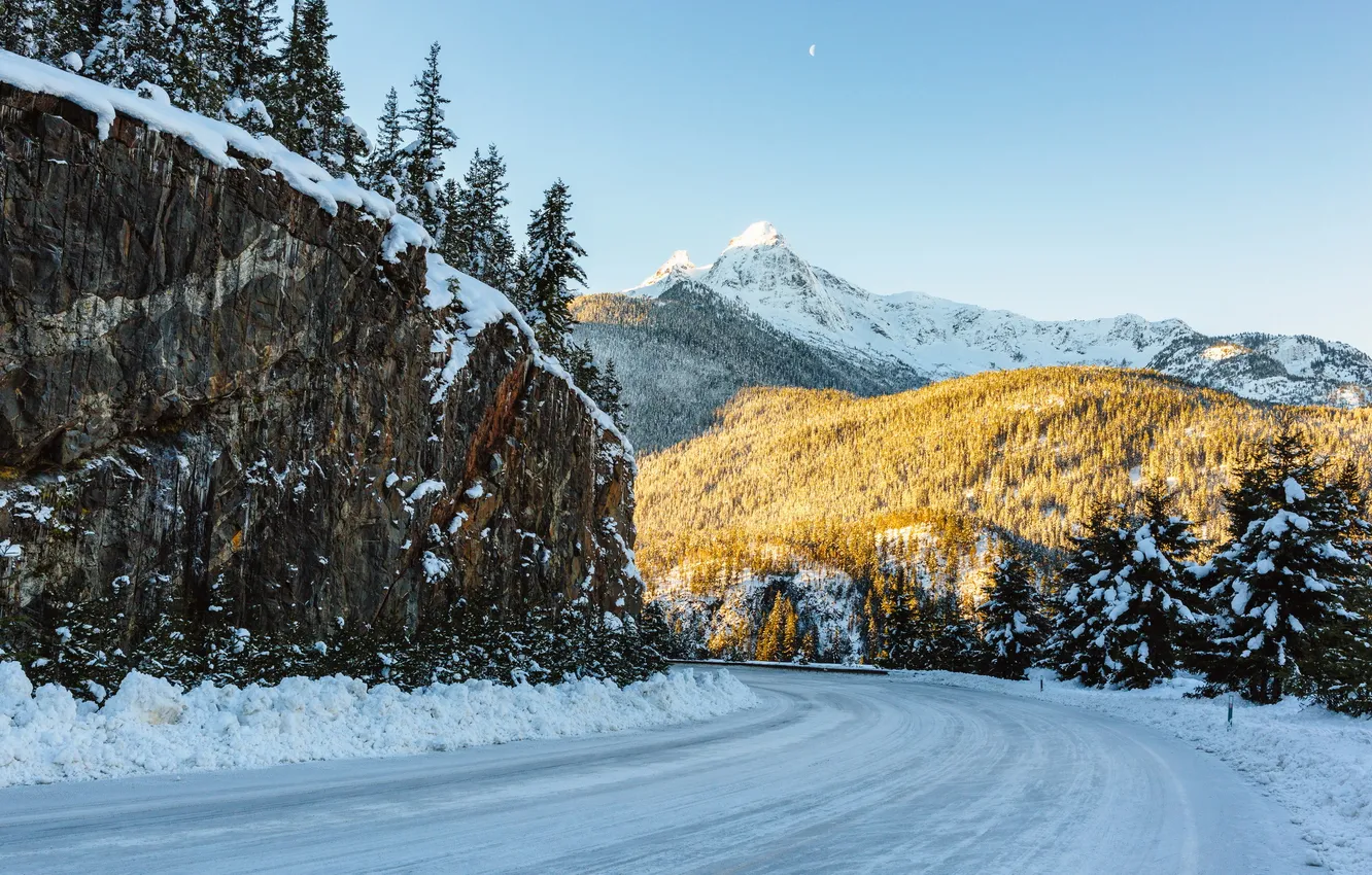 Photo wallpaper winter, road, mountains