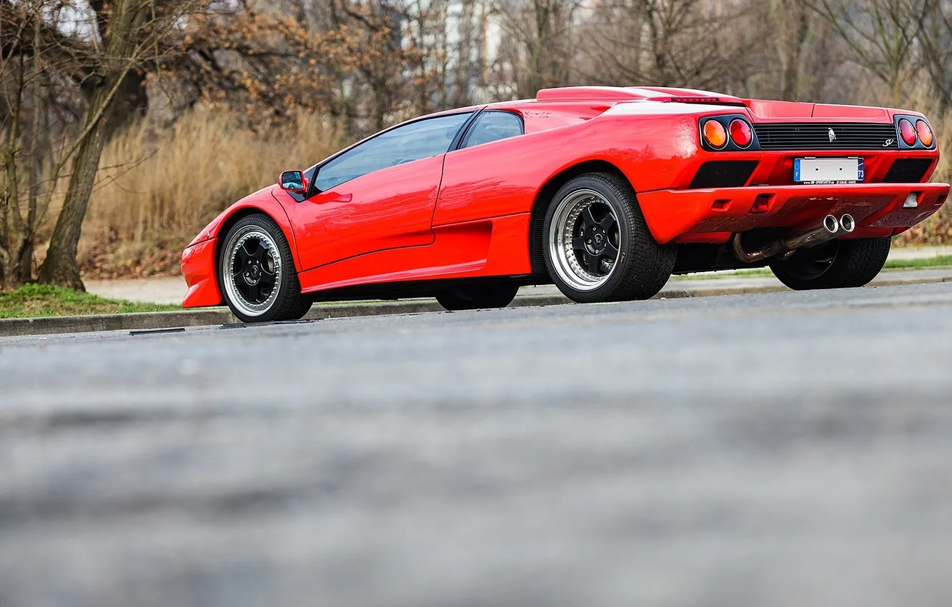 Photo wallpaper road, red, Lamborghini, red, rear view, Lamborghini, the curb, black rims