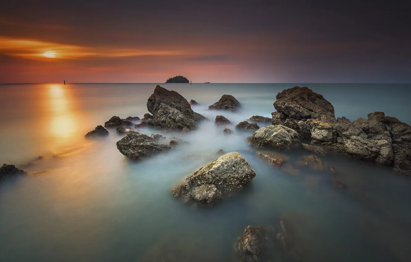 Photo wallpaper sea, landscape, sunset, stones, shore