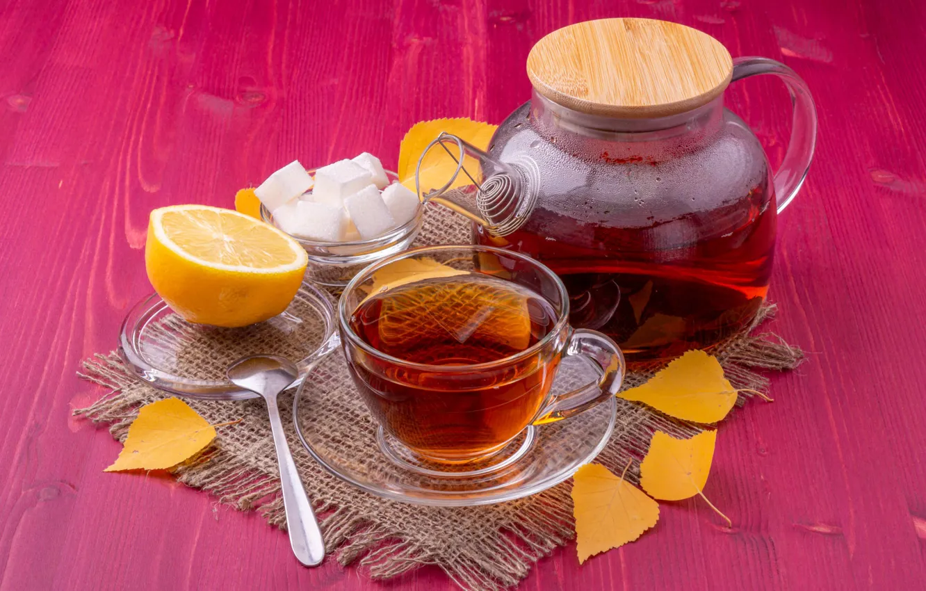 Photo wallpaper glass, comfort, heat, table, lemon, tea, kettle, spoon