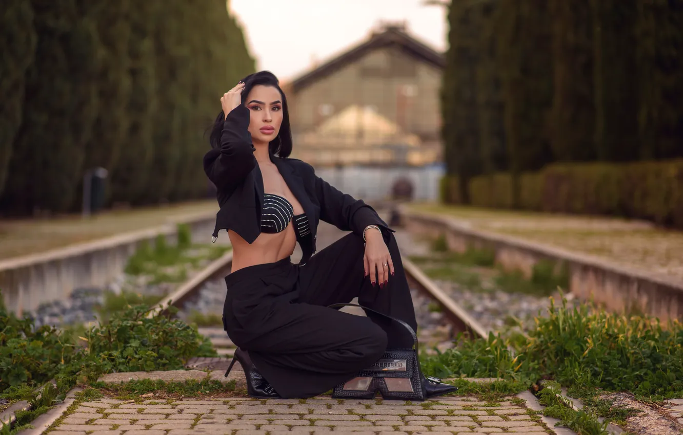 Photo wallpaper look, girl, pose, rails, hands, brunette, costume, bra