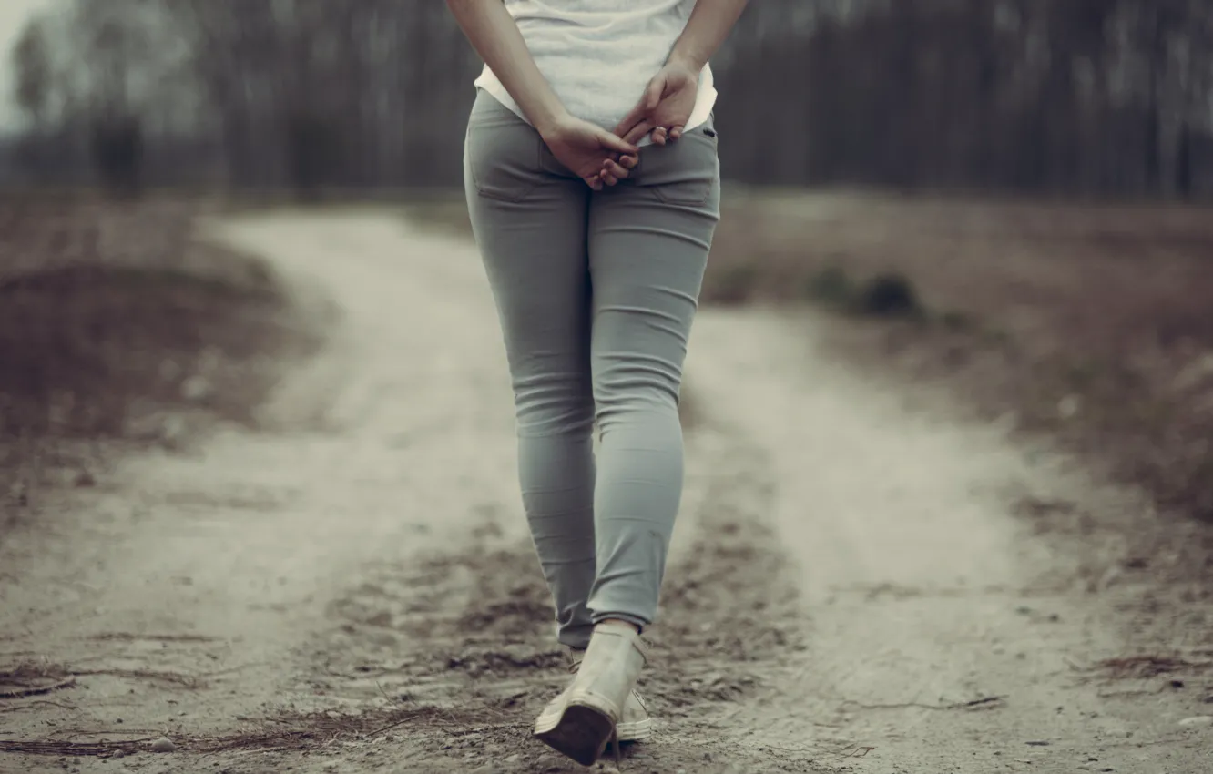 Photo wallpaper road, forest, girl, nature, jeans, legs