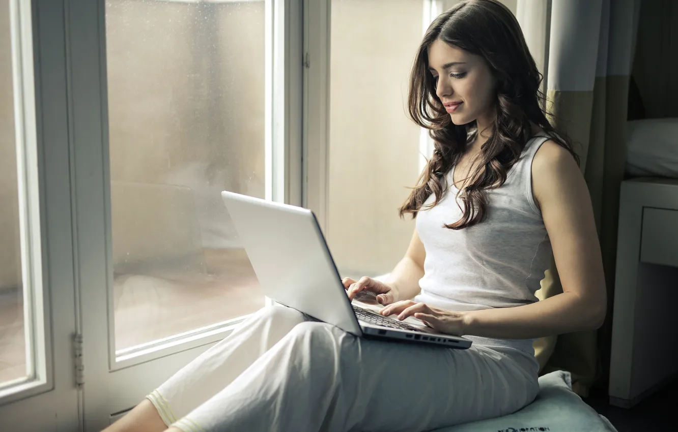 Photo wallpaper girl, hair, window, laptop
