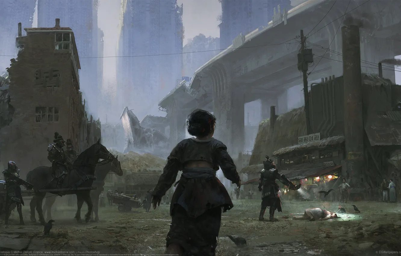Photo wallpaper building, warrior, overpass, destruction, dystopia