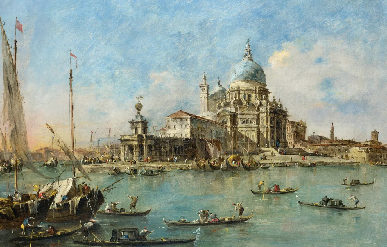 Photo wallpaper the city, boat, picture, channel, Francesco Guardi, Punta della Dogana in Venice, Francesco Lazzaro Guardi