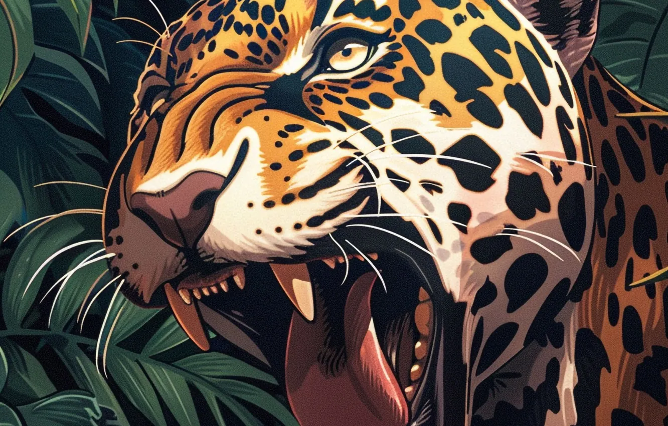 Photo wallpaper face, leaves, predator, art, mouth, fangs, grin, Jaguar