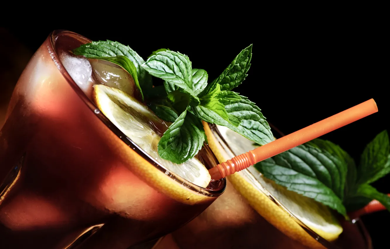 Photo wallpaper ice, glass, cocktail, lime, mint, tube, Cuba Libre