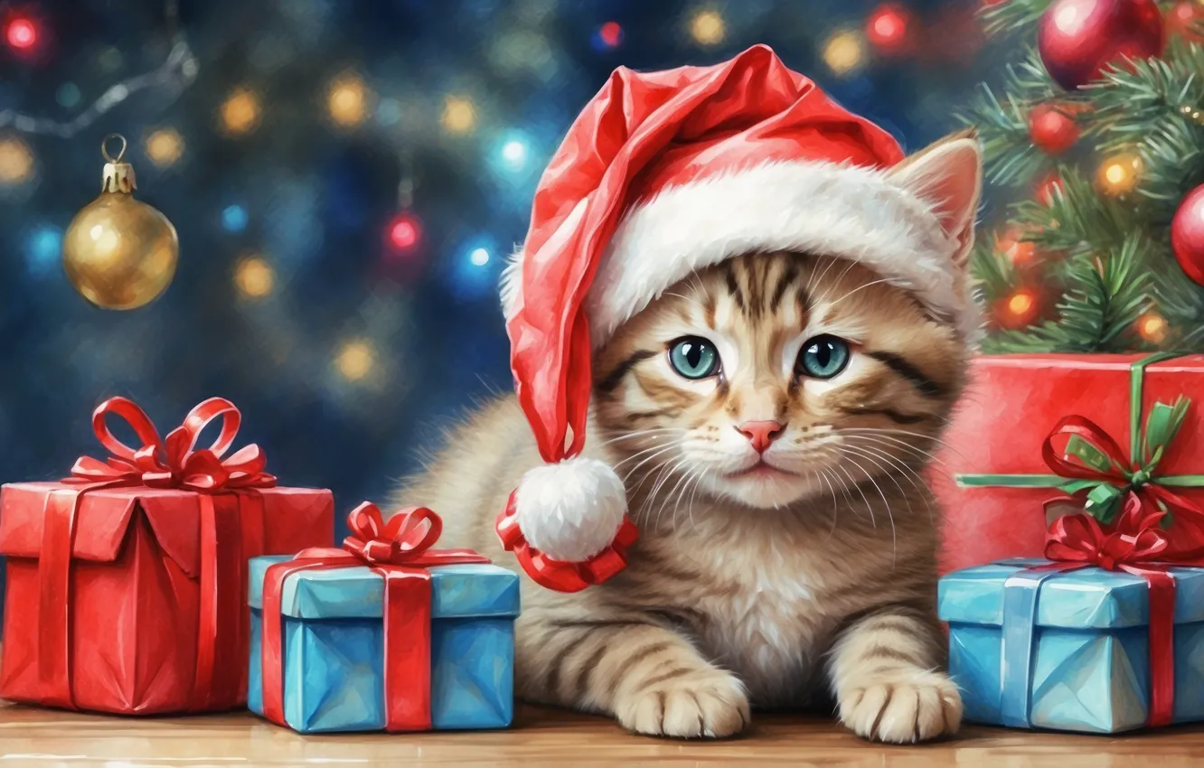 Photo wallpaper cat, look, balls, branches, pose, box, gift, sweetheart