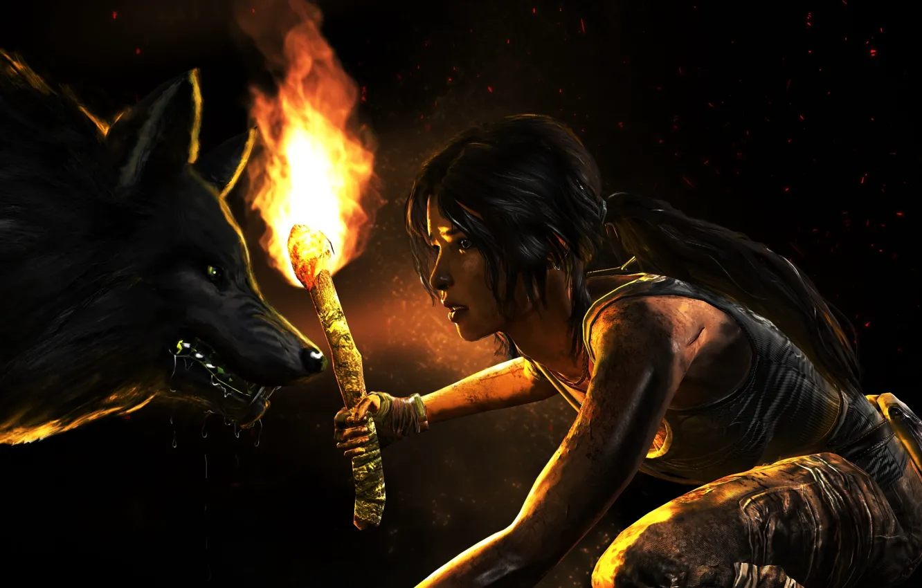 Photo wallpaper girl, wolf, dirt, torch, tomb raider, Lara Croft