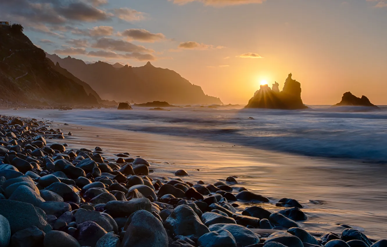 Photo wallpaper sea, wave, beach, the sun, rays, light, sunset, fog
