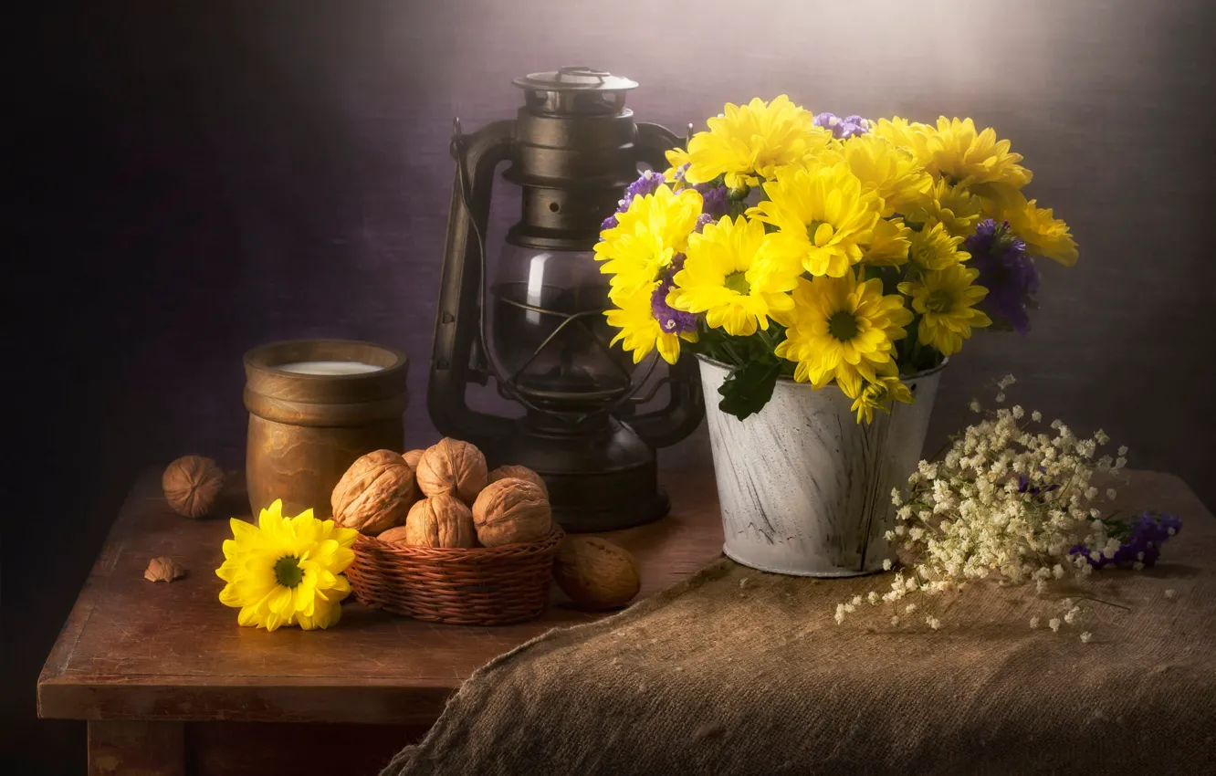 Photo wallpaper flowers, yellow, table, background, food, bouquet, milk, bucket