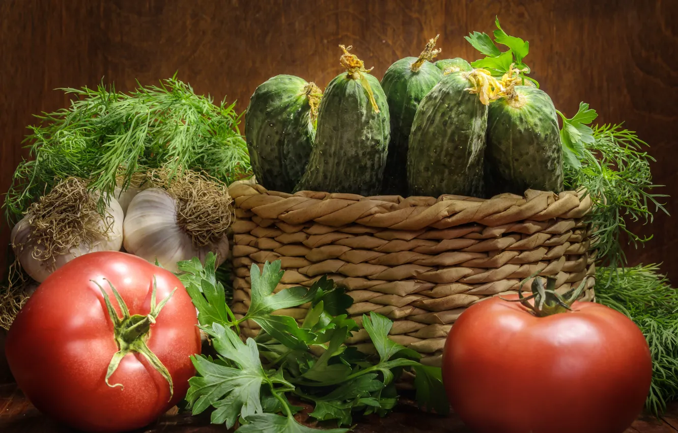 Photo wallpaper dill, still life, basket, tomatoes, cucumbers
