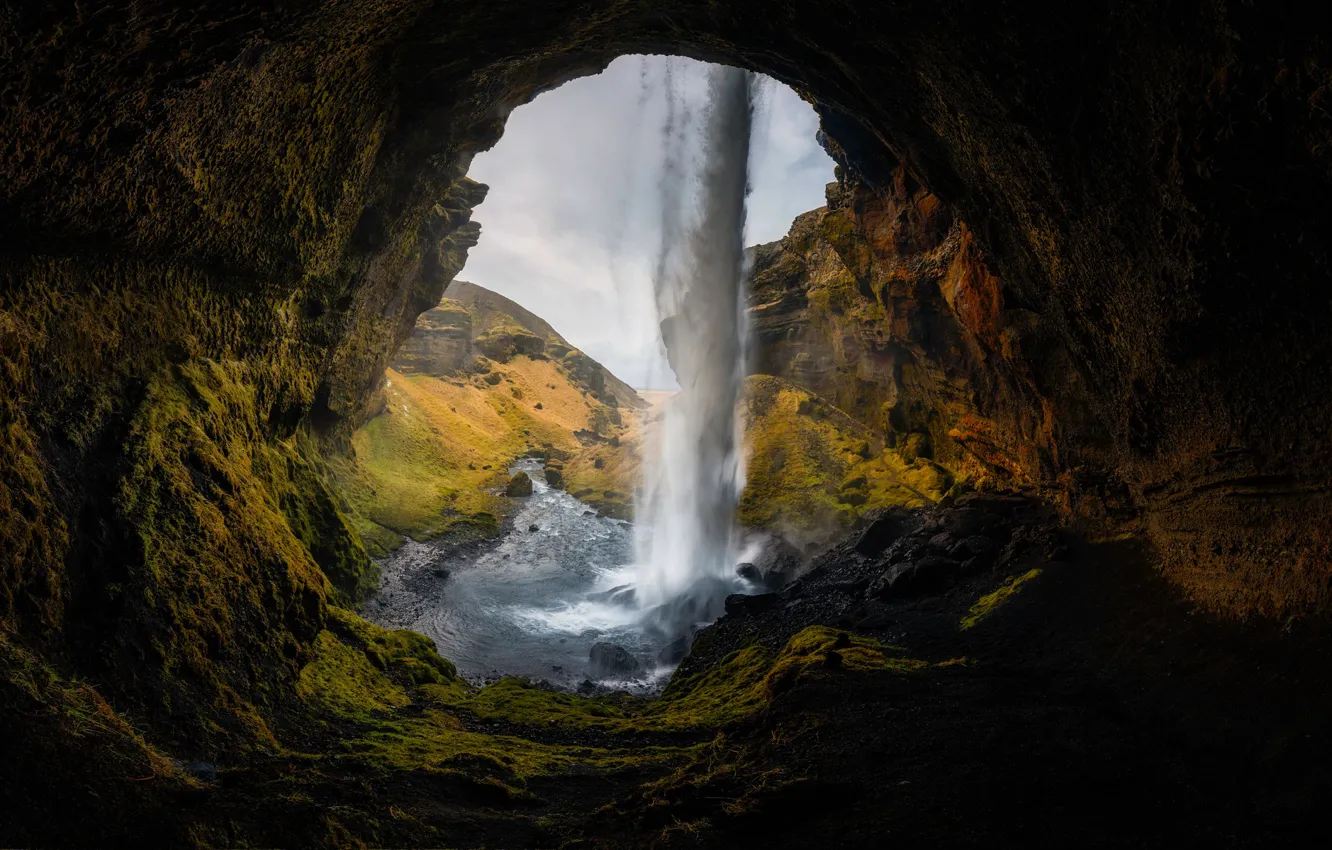 Photo wallpaper waterfall, cave, Iceland, Seljalandsfoss, Seljalandsfoss, Northern Cave