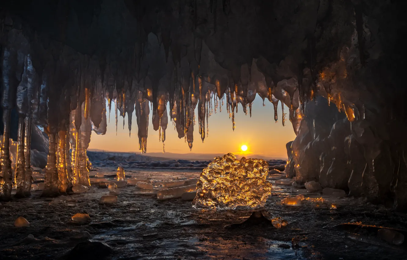 Photo wallpaper ice, winter, water, the sun, sunset, nature, lake, icicles