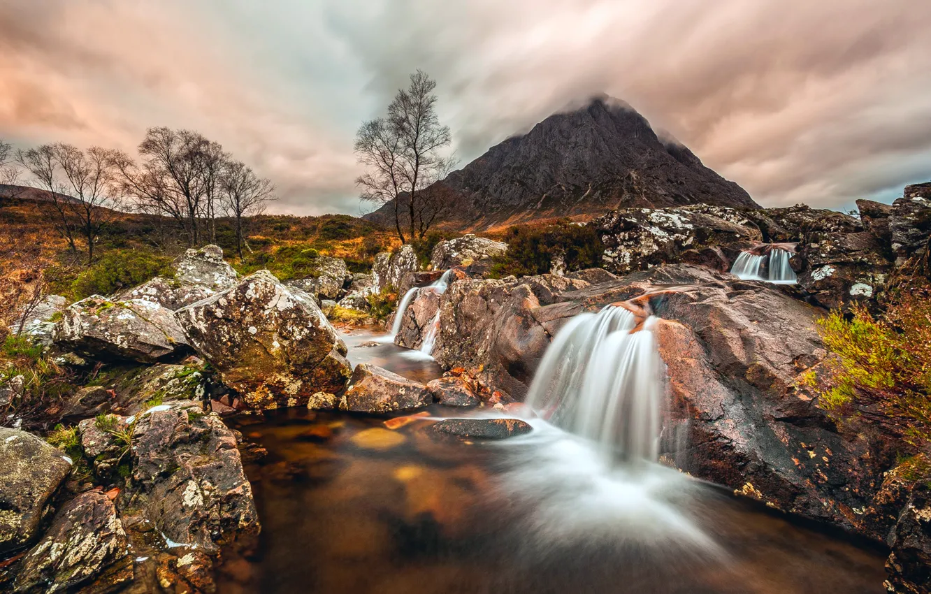 Photo wallpaper clouds, mountains, stones, stream, Scotland, Badlands Etive Mòr, Scottish highlands