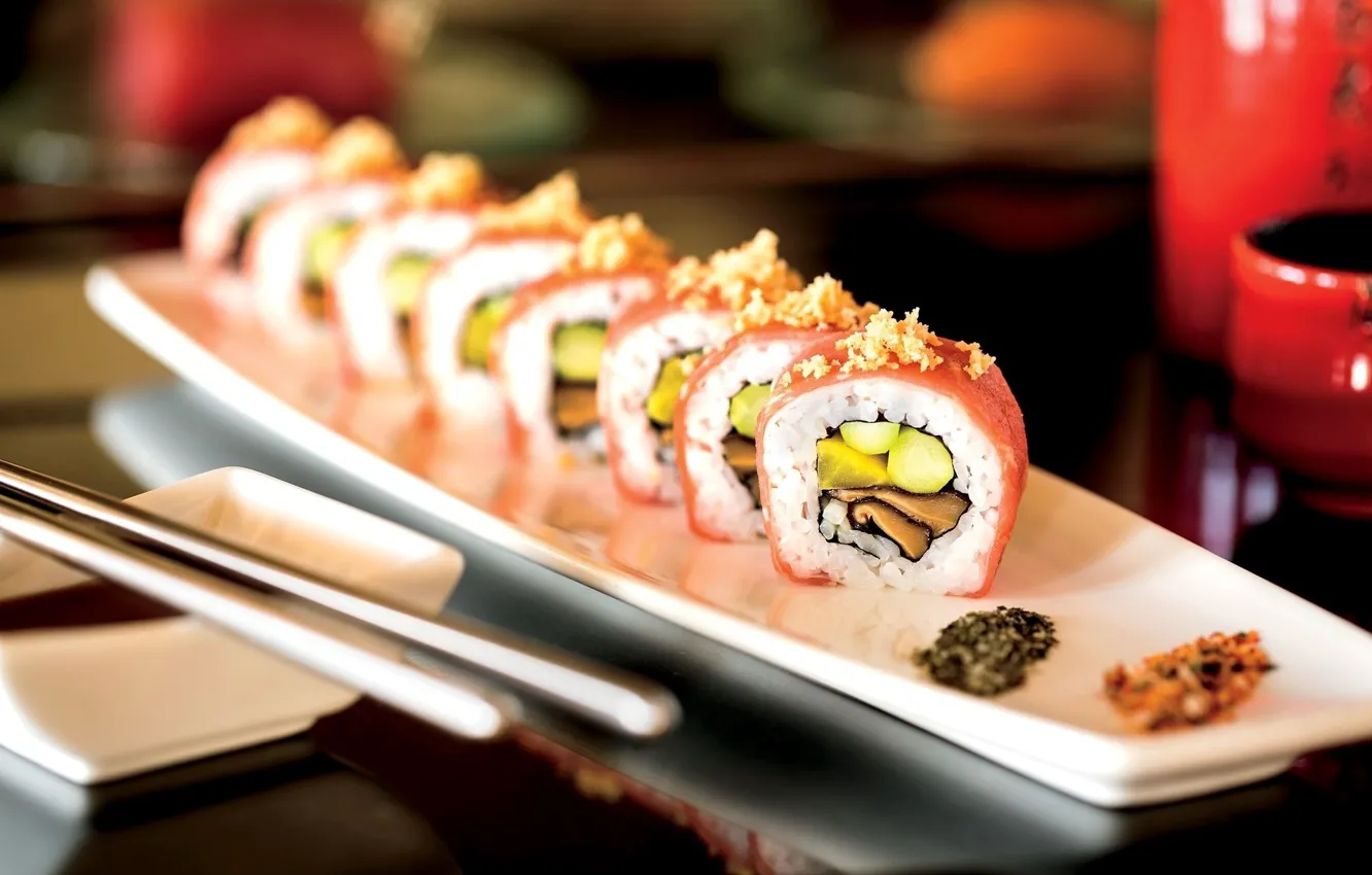 Photo wallpaper food, fish, kitchen, sauce, sushi, rolls, seafood, Japanese