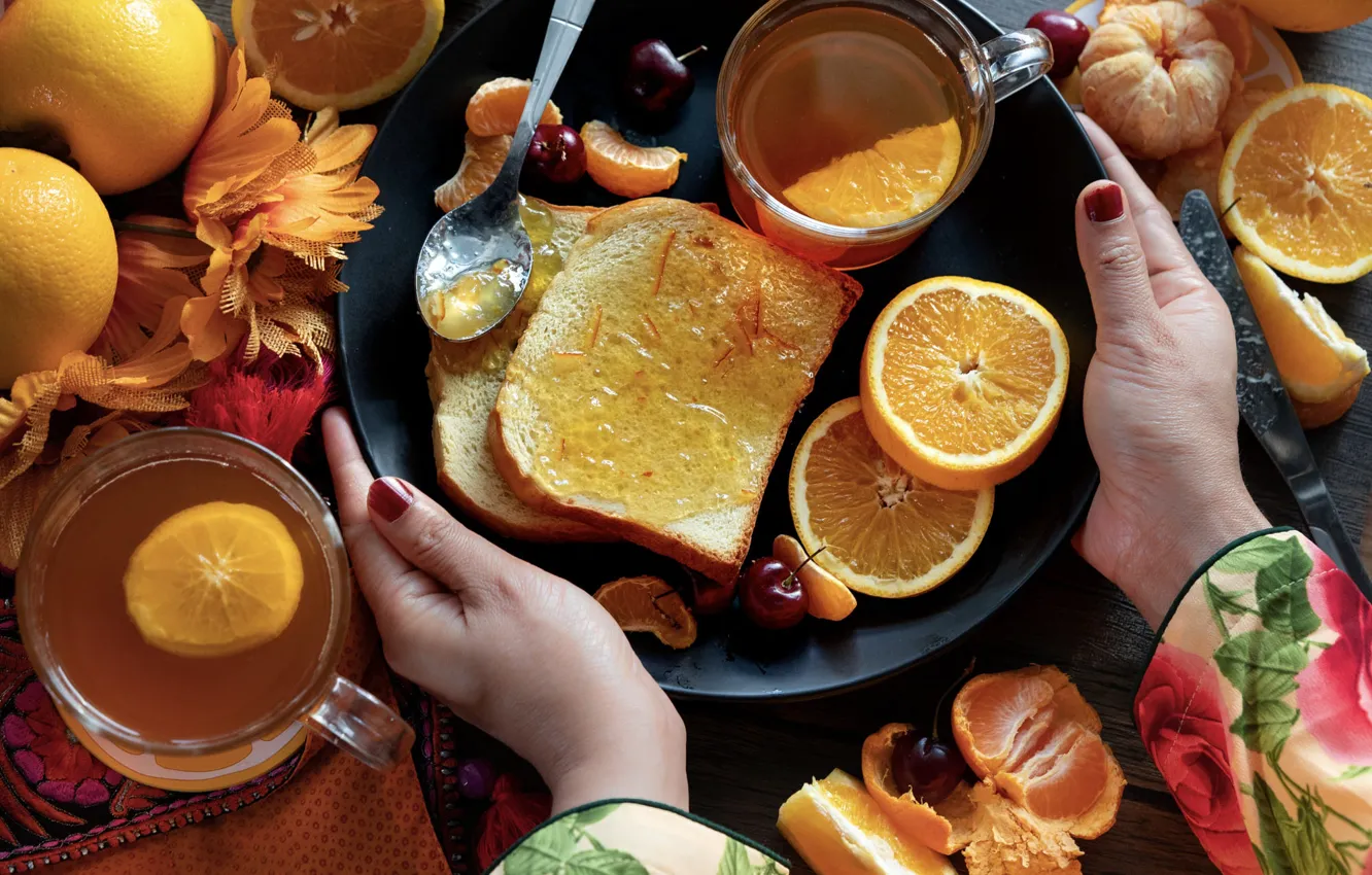 Photo wallpaper table, bread, the tea party, jam