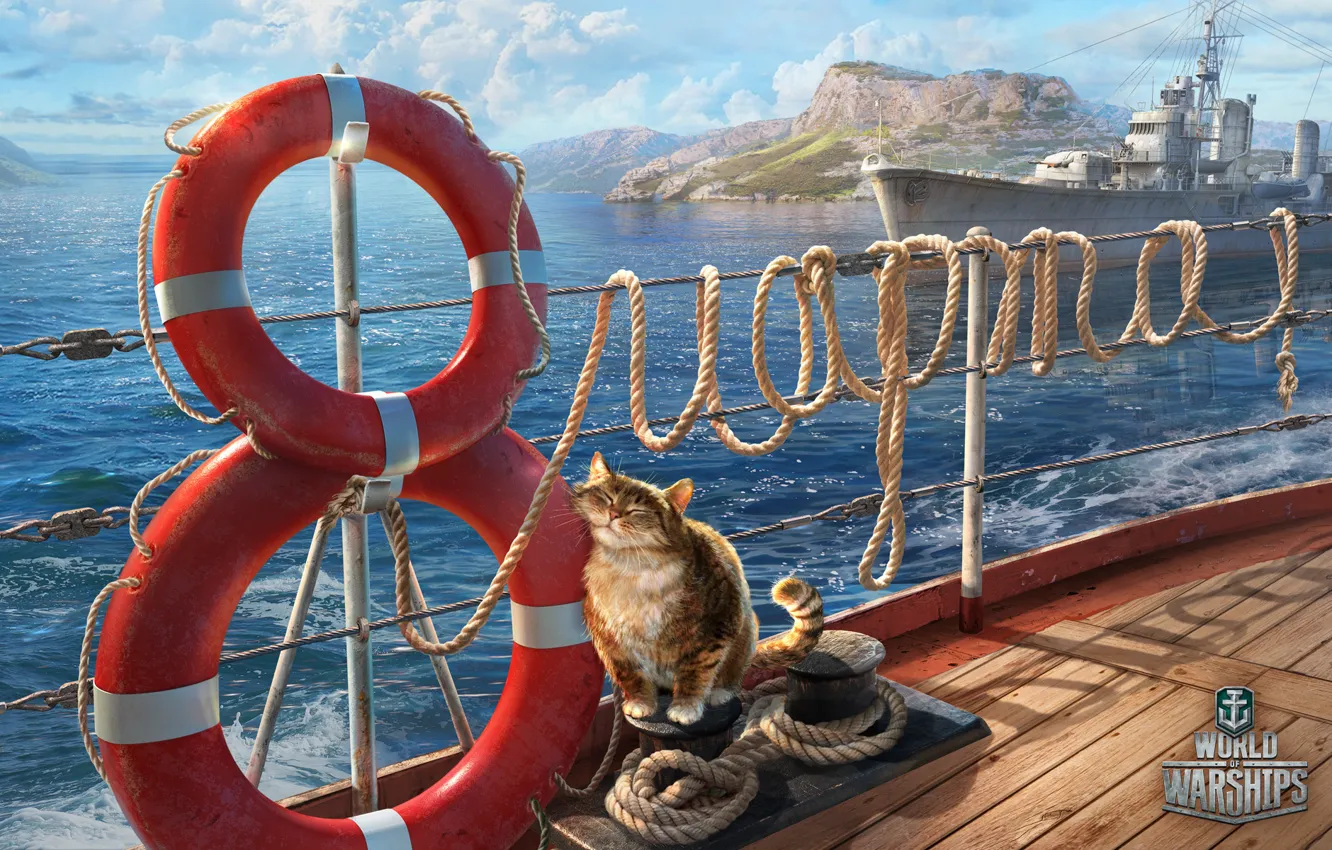 Photo wallpaper sea, cat, ship, rope, deck, March 8, congratulations, lifebuoys