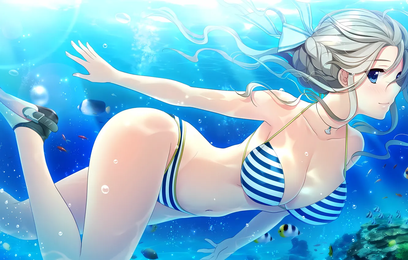 Photo wallpaper girl, sexy, cleavage, underwater, boobs, anime, blue eyes, beautiful