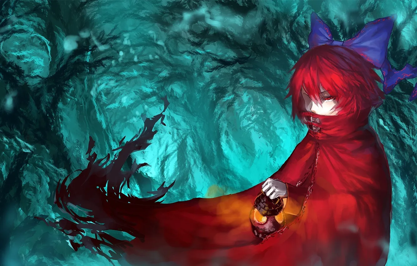 Photo wallpaper forest, girl, trees, anime, art, lantern, cloak, bow