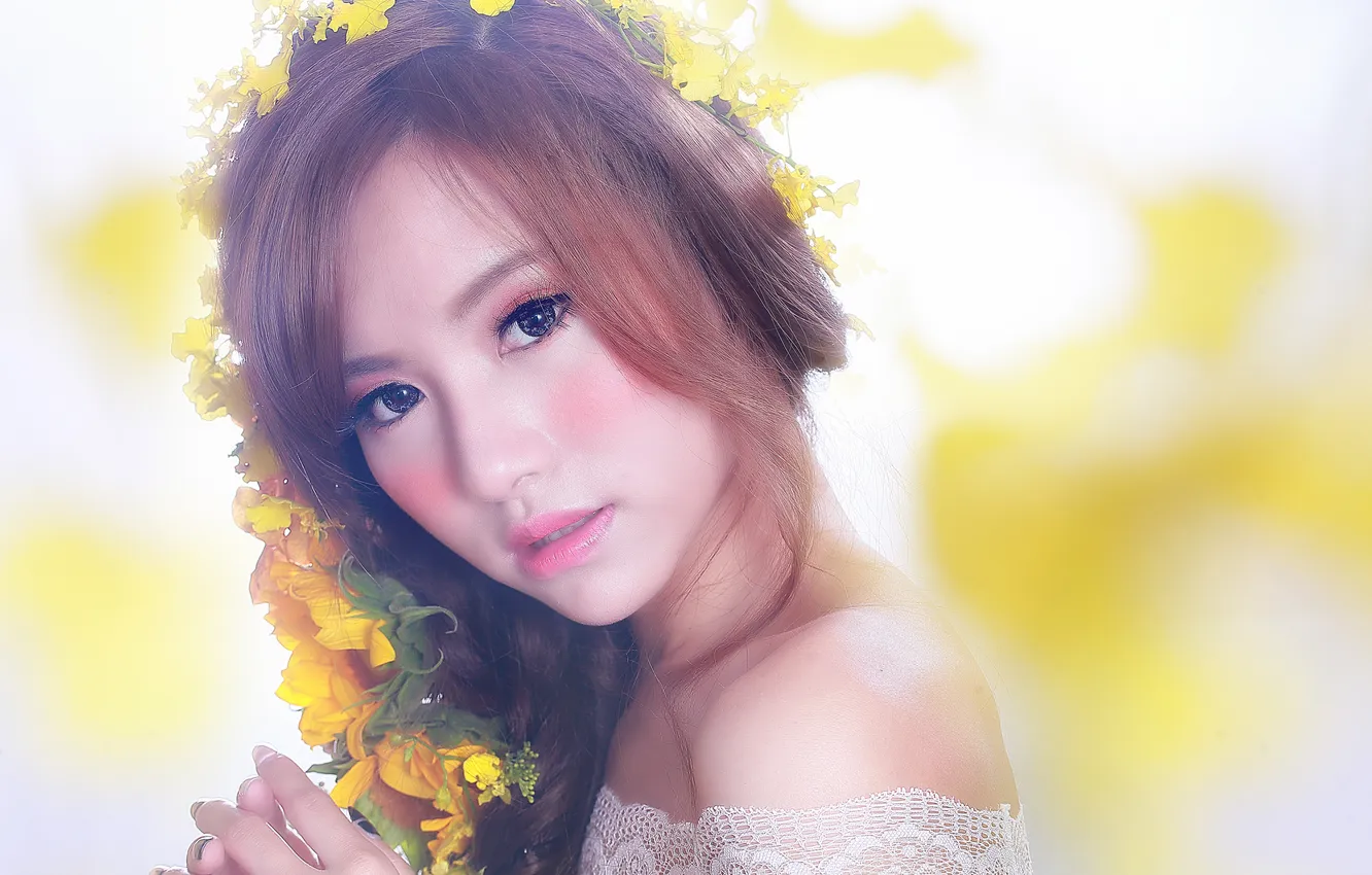 Photo wallpaper look, flowers, face, background, hair, makeup, Asian, beauty