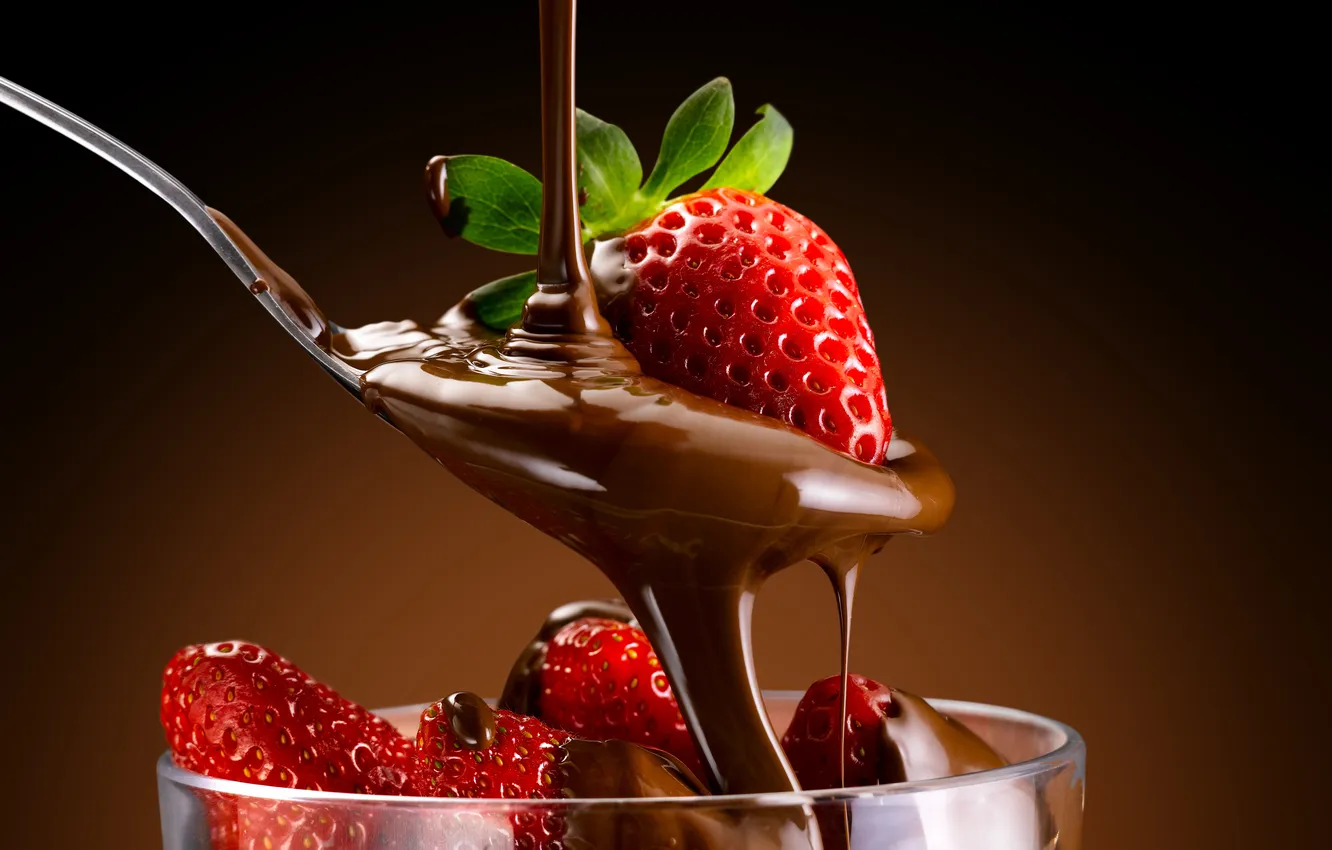 Photo wallpaper berries, chocolate, strawberry, spoon, red, dessert, sweet