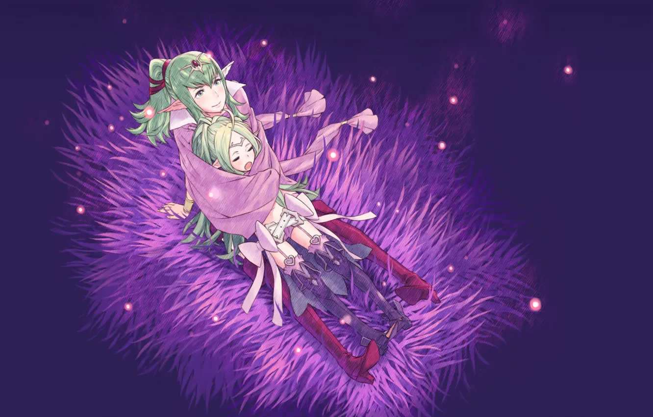 Photo wallpaper fireflies, elf, green hair, boots, on the grass, purple background, two girls, Fire Emblem