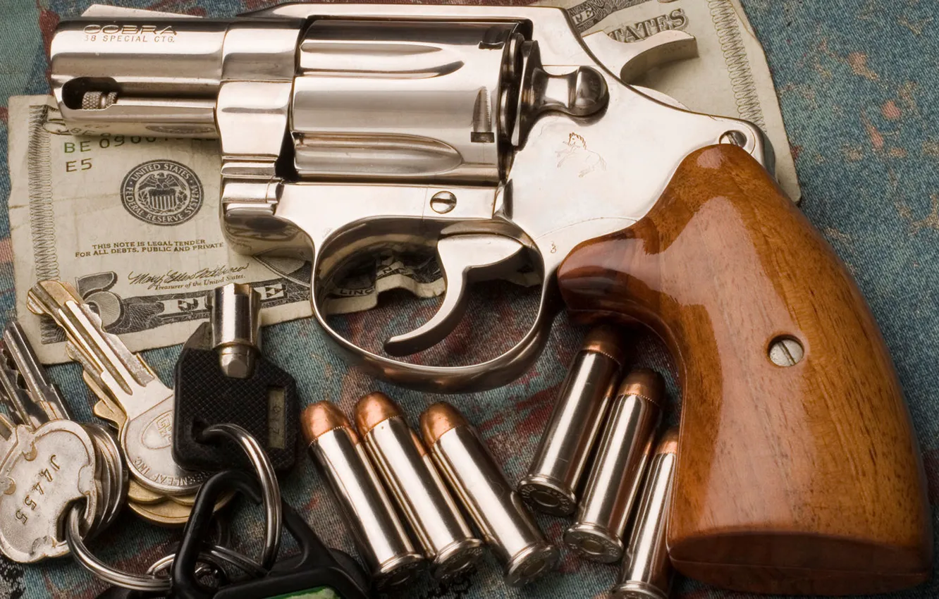 Photo wallpaper dollars, keys, cartridges, Special, Cobra, Colt, Revolver, .38