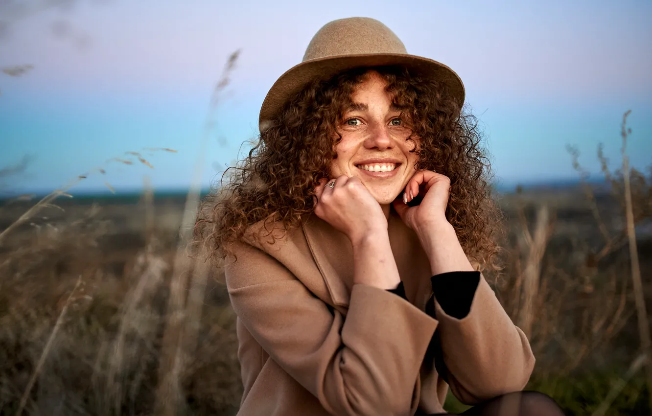Photo wallpaper girl, smile, hat, freckles, brown hair, curls, Denis After all