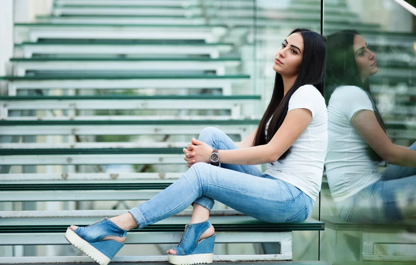 Photo wallpaper sadness, girl, reflection, jeans, brunette, ladder