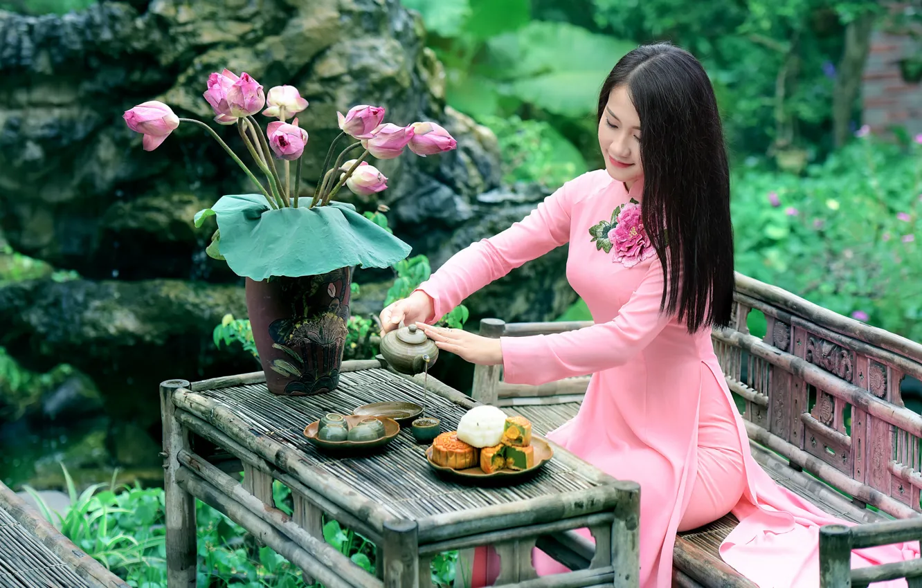 Photo wallpaper girl, flowers, smile, tea, dress, sitting, table
