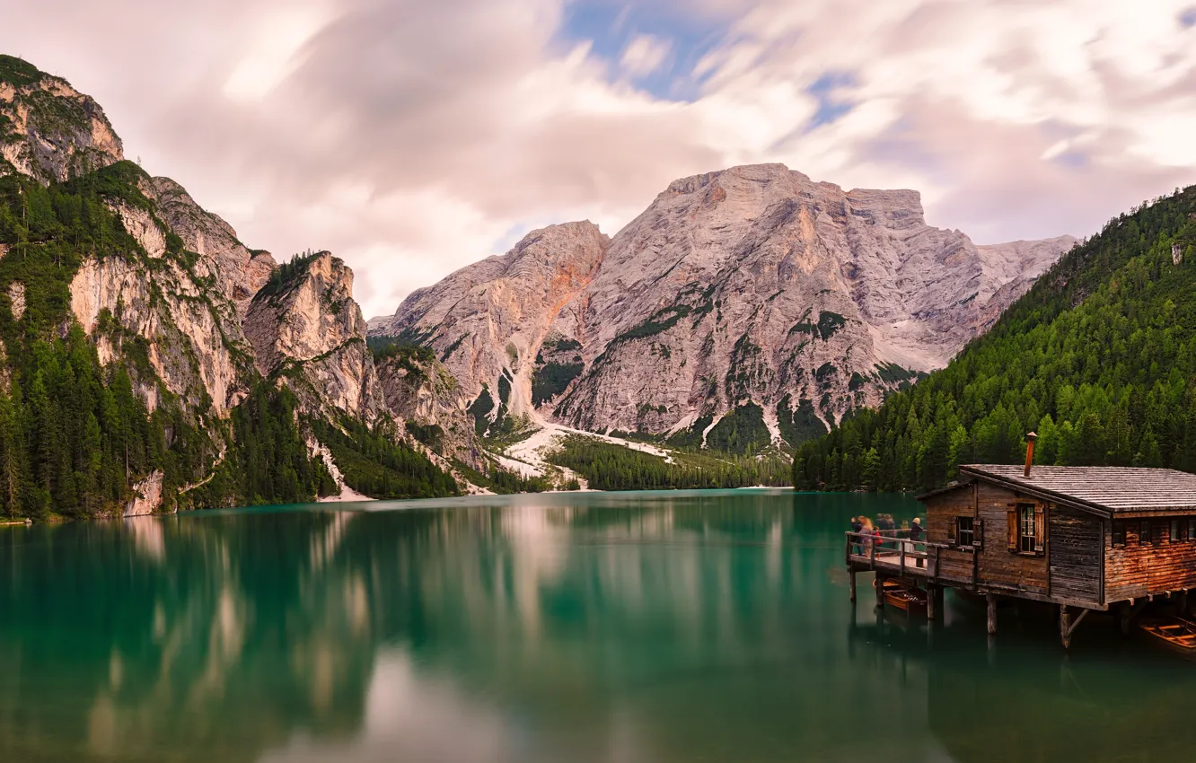 Photo wallpaper mountains, lake, boat, Alps, Italy, Italy, Alps, The Dolomites