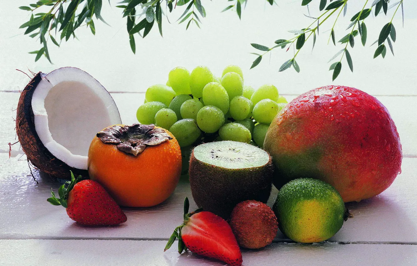 Photo wallpaper food, coconut, kiwi, strawberry, grapes, fruit, delicious, persimmon