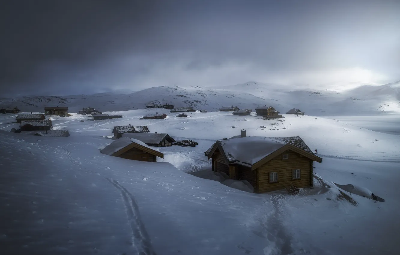 Photo wallpaper winter, snow, hut, gray clouds