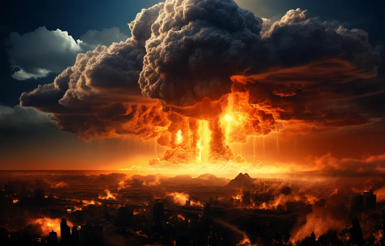 Photo wallpaper the explosion, the city, mushrooms, destruction, a nuclear explosion, digital art, nuclear weapons, AI art