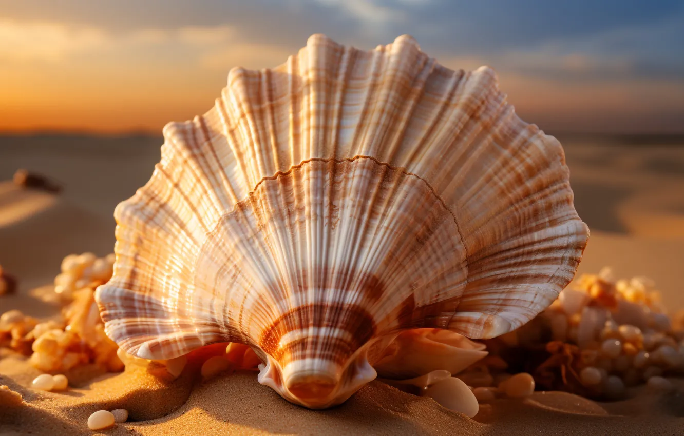Photo wallpaper sea, beach, the ocean, shore, shell, seashells, seashell, AI art