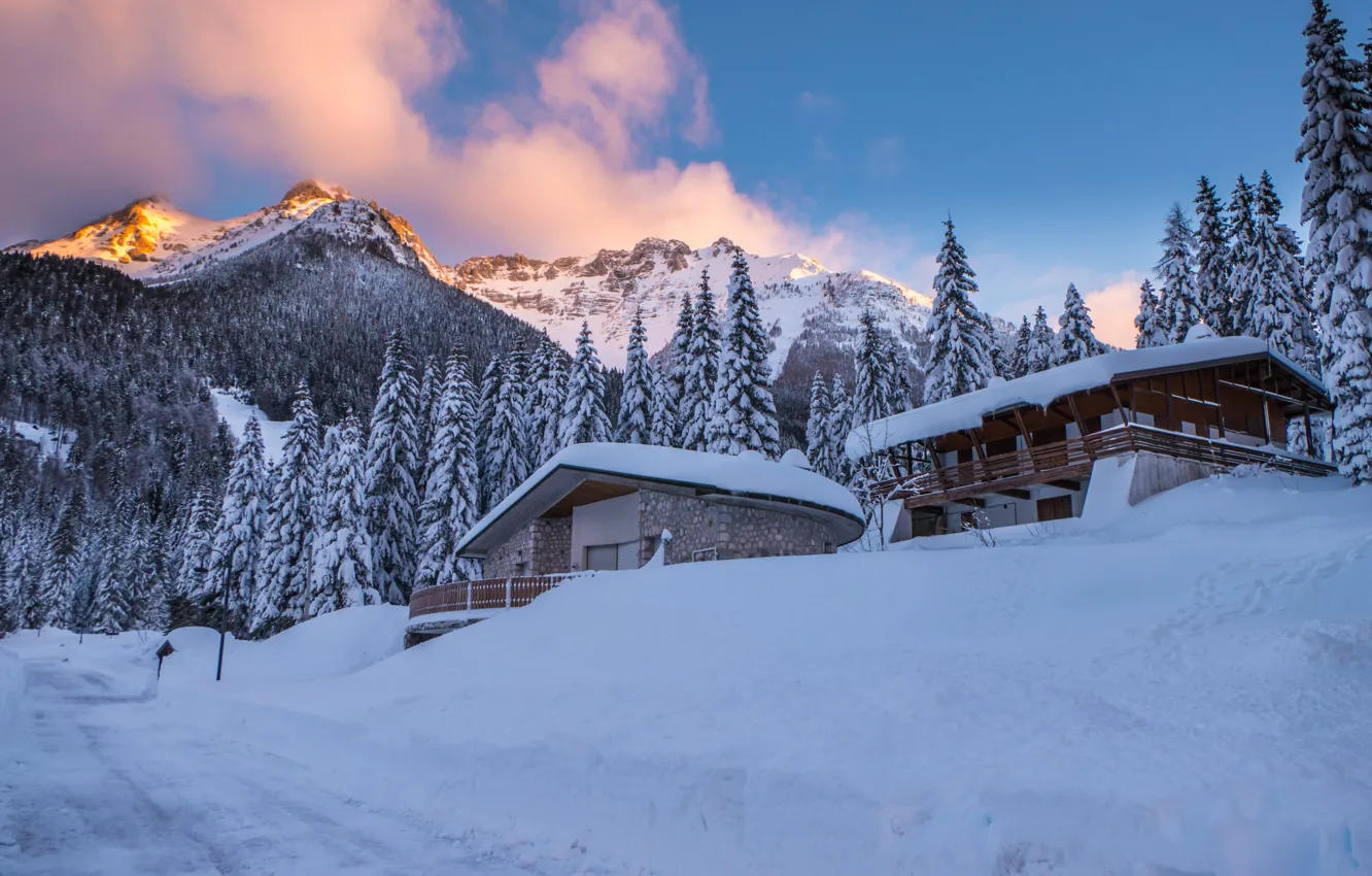 Photo wallpaper winter, road, forest, clouds, snow, landscape, mountains, nature