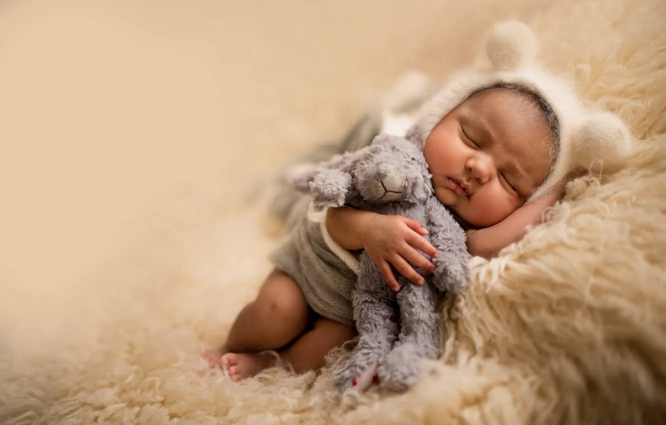 Photo wallpaper children, toy, sleep, bear, fur, ears, cap, baby