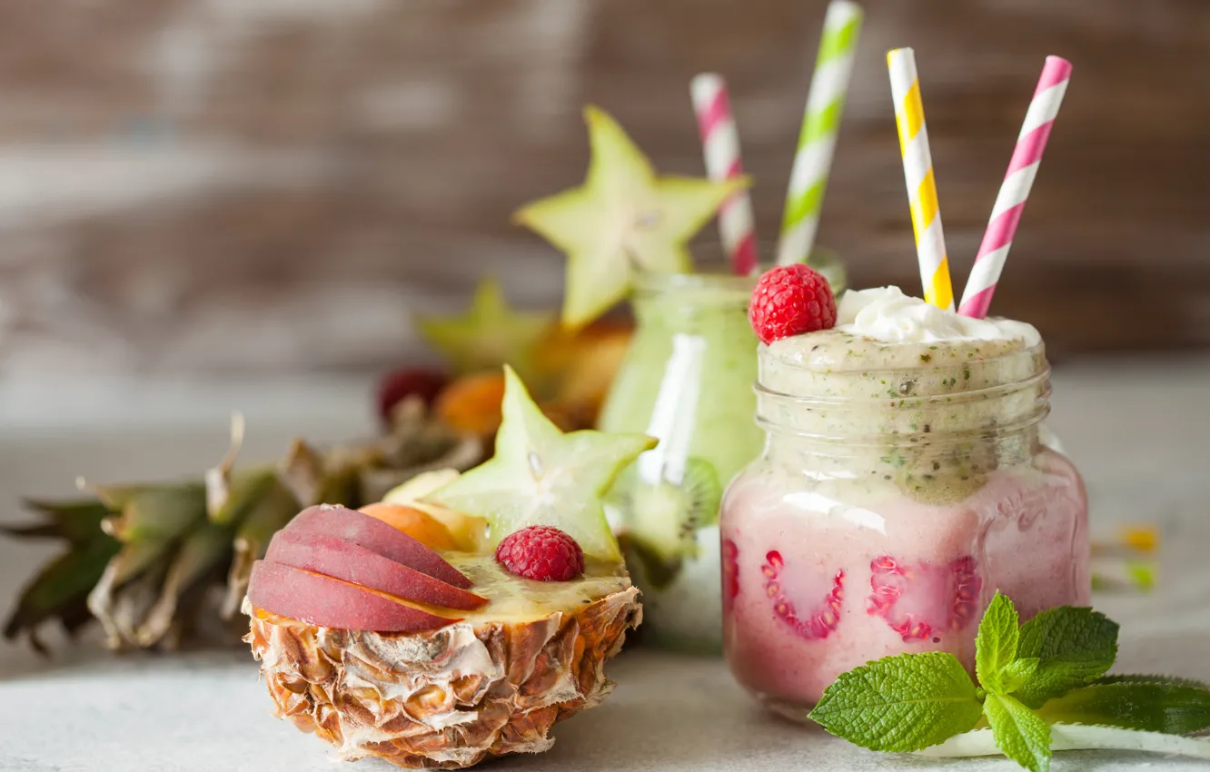 Photo wallpaper berries, raspberry, kiwi, bananas, drink, fruit, pineapple, smoothies