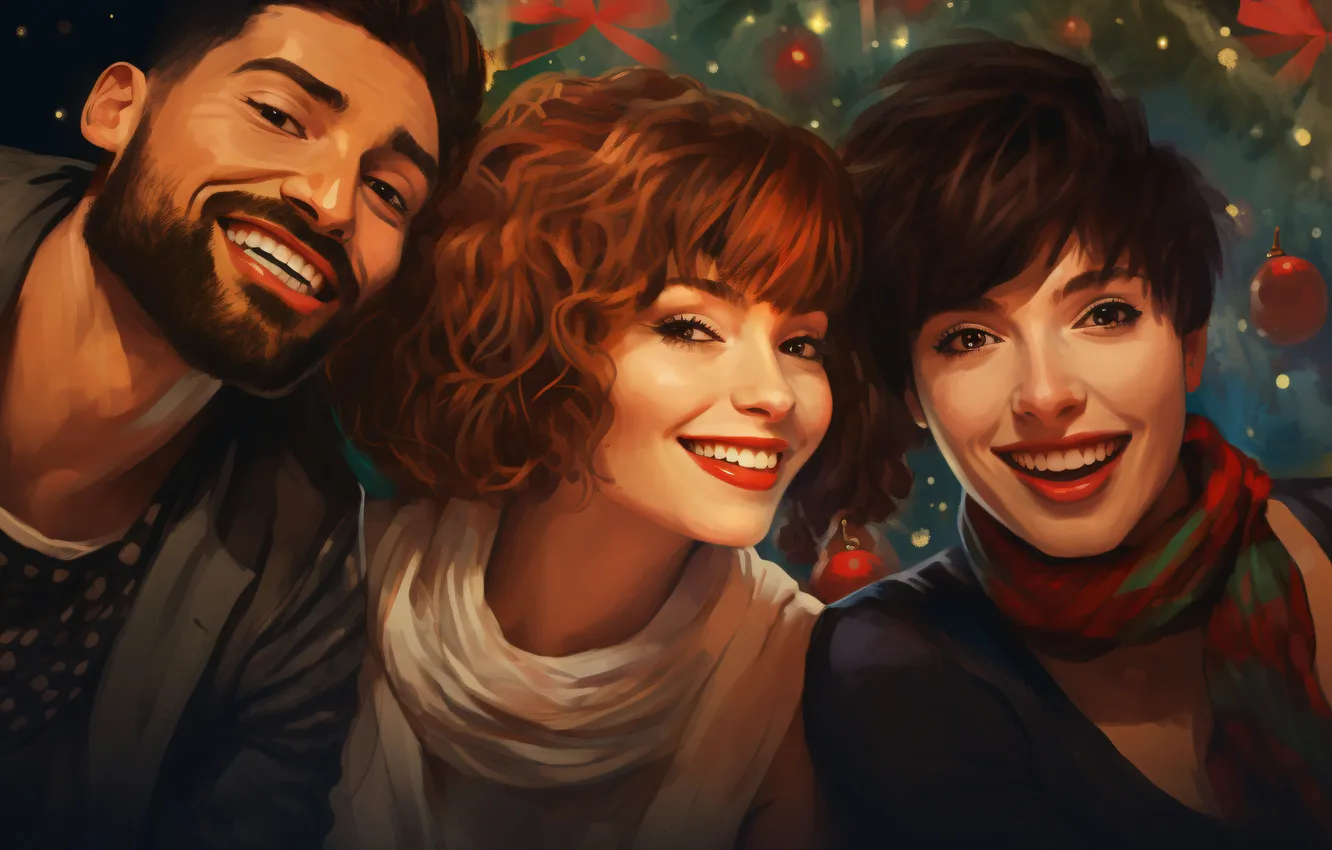 Photo wallpaper Girls, Look, Smile, Christmas, New year, Male, Joy, Three