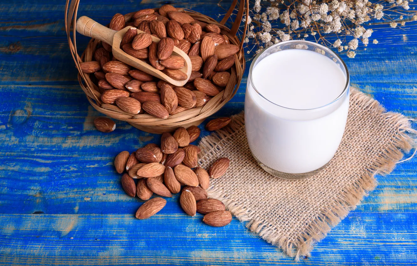 Photo wallpaper milk, nuts, almonds