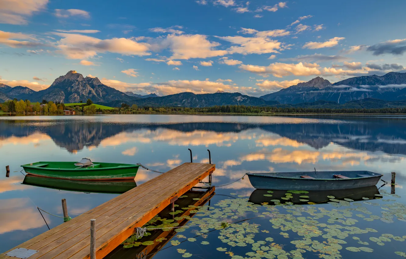 Photo wallpaper mountains, lake, boats, pier