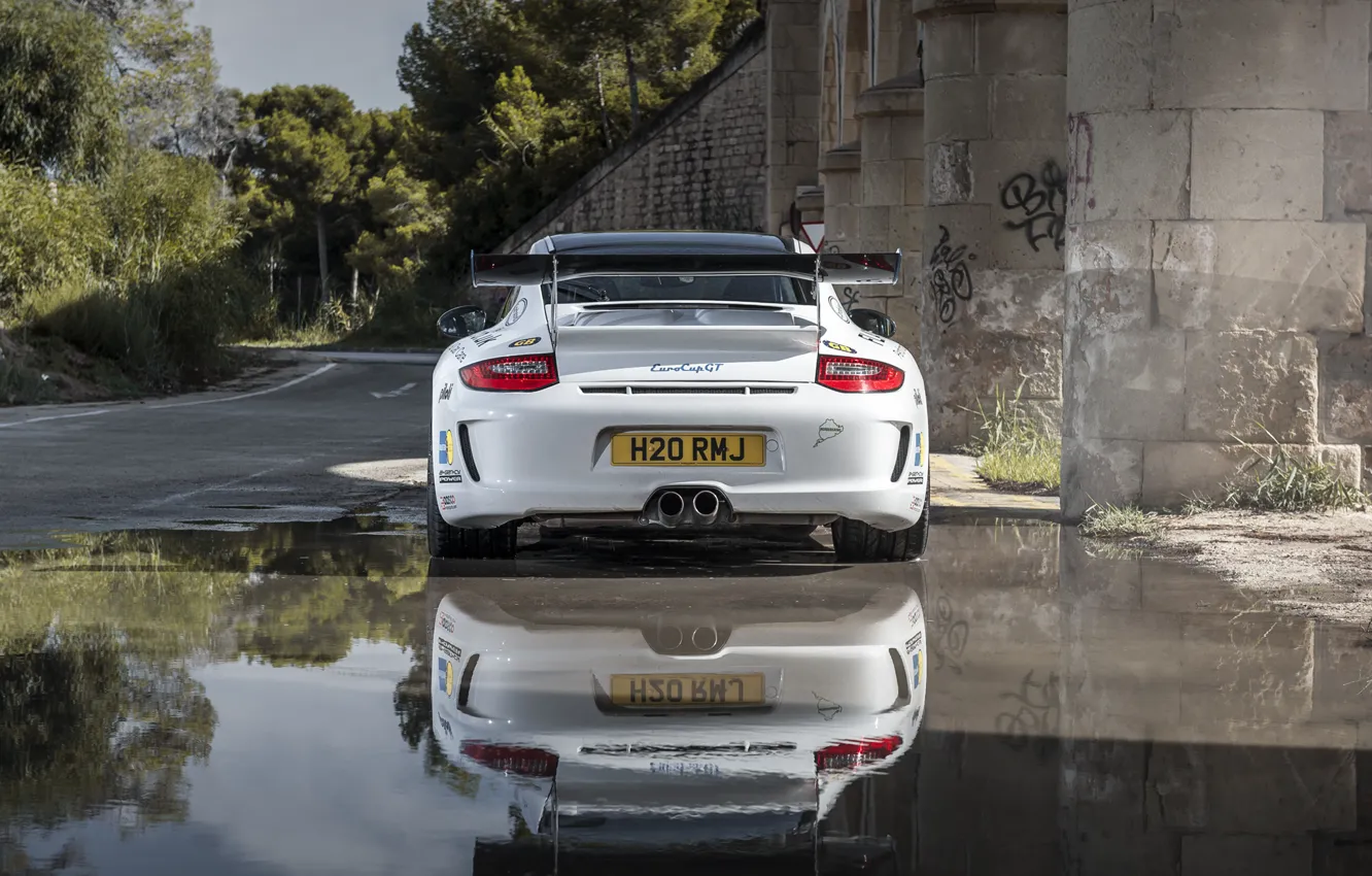 Photo wallpaper reflection, 997, Porsche, white, sports car, Porsche, Carrera S, EurocupGT