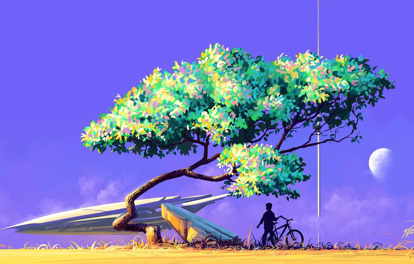 Photo wallpaper trees, fiction, ship, boy, silhouette, art, sky, art