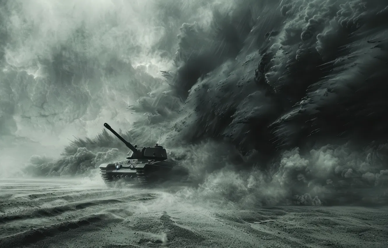 Photo wallpaper smoke, storm, dust, tank, black and white, digital art, AI art, The Art of Artificial …