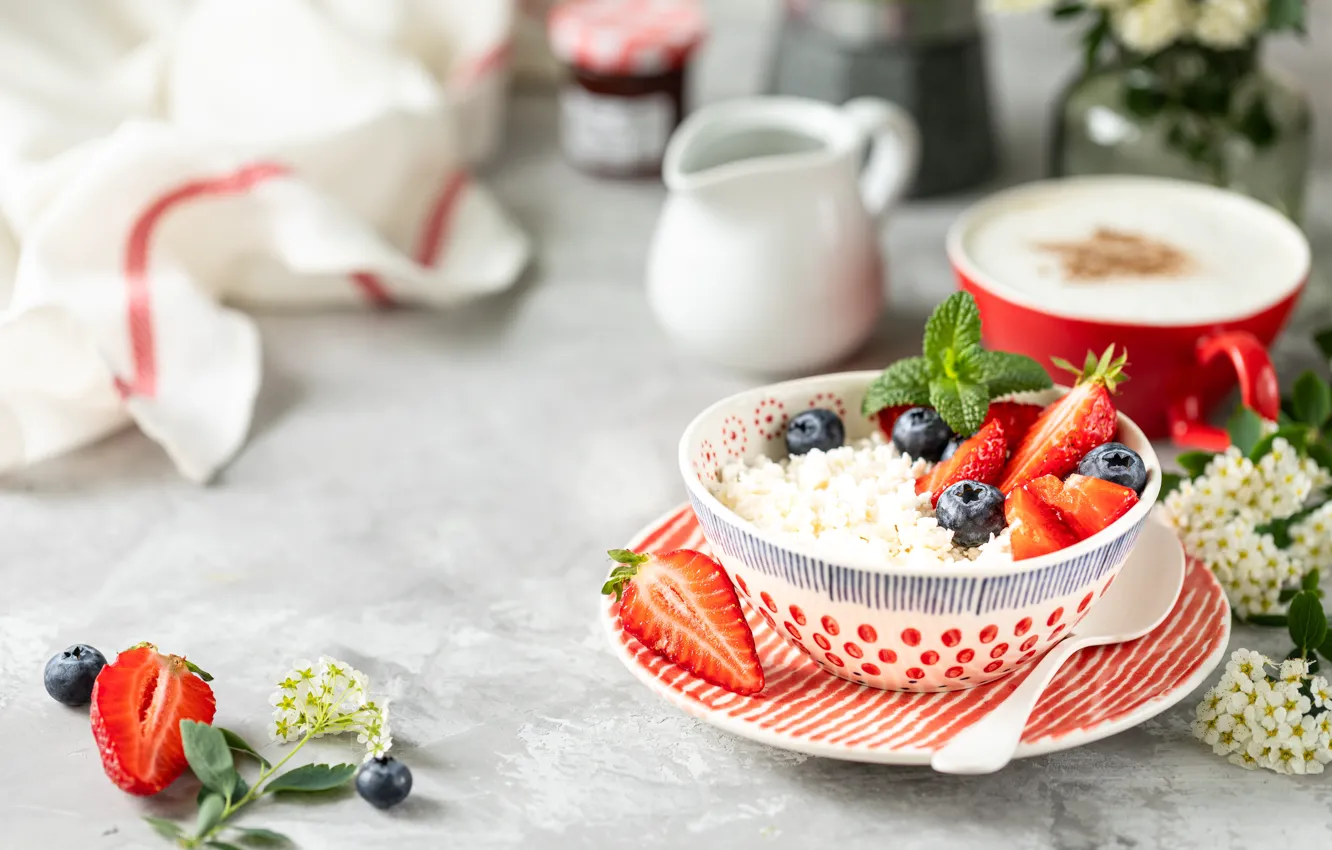 Photo wallpaper berries, coffee, blueberries, cream, strawberry, honey, cheese, Karina Klachuk